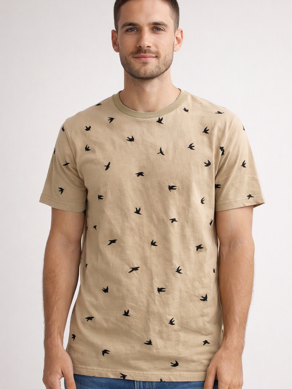Denim & Flower Beige Short-Sleeve Tee with Black Bird swallow Print - Small